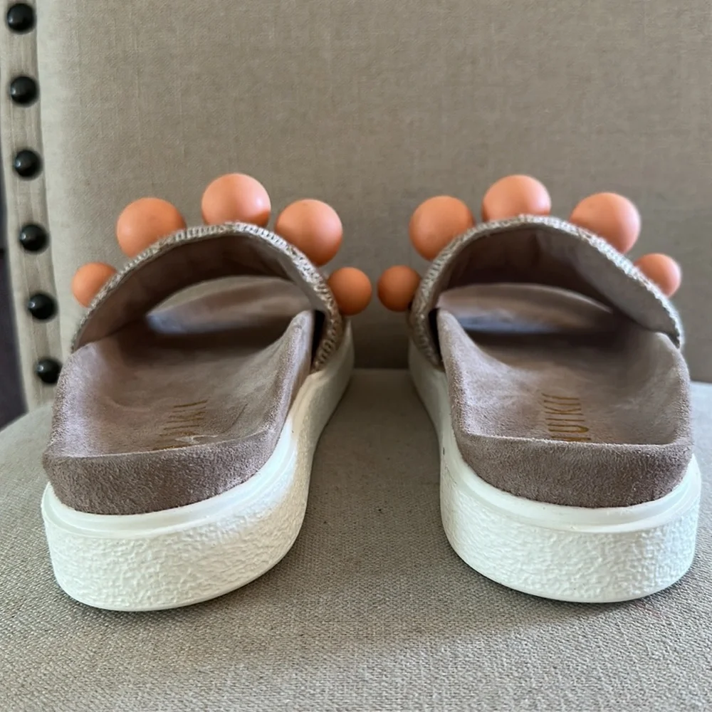 Inuikii Women’s Raffia Pearl Bauble Slides Slip On Sandals Cream Coral 6.5-7